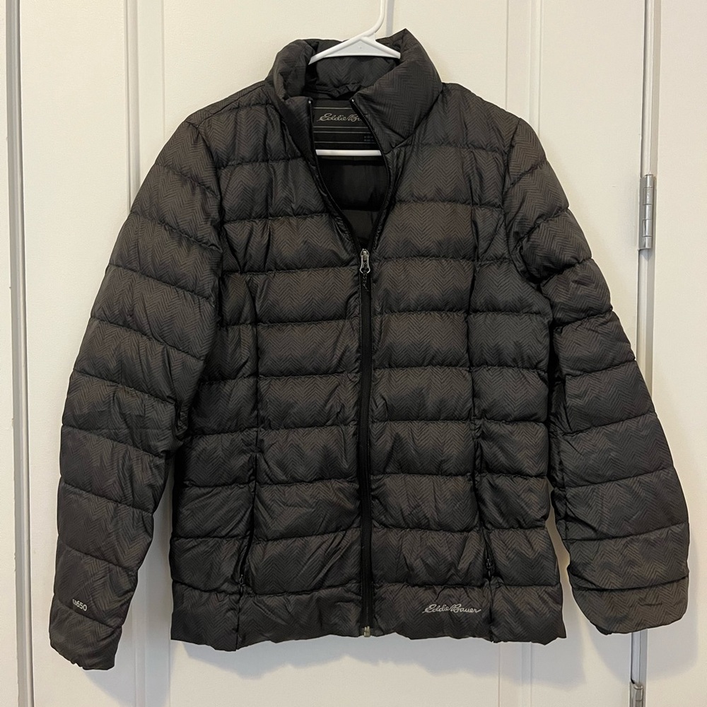 Lightly worn gray packable Eddie Bauer size medium 650 fill power jacket